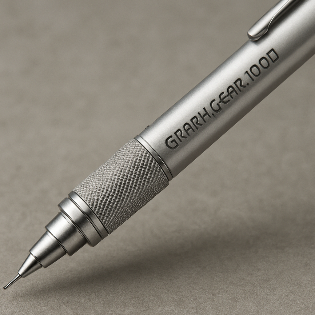A close‑up of the Pentel GraphGear 1000 mechanical pencil, highlighting its metal barrel, hexagonal grip, and fine tip. Alt: Pentel GraphGear 1000 precision mechanical pencil for drawing.