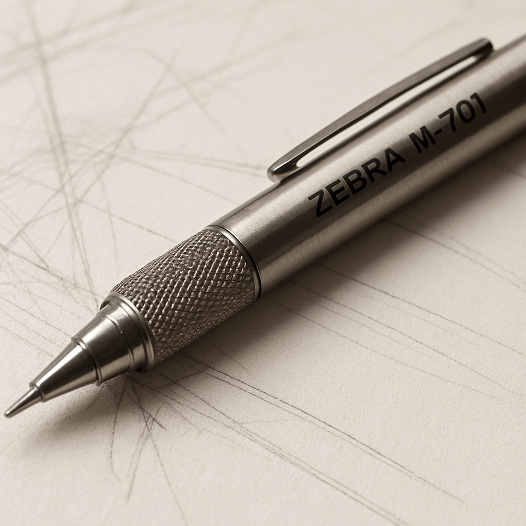 A close‑up of a Zebra M‑701 mechanical pencil with its steel barrel and knurled grip resting on a sketchbook page, showing the metal clip and lead tip. Alt: Zebra M‑701 budget‑friendly steel mechanical pencil for drawing.