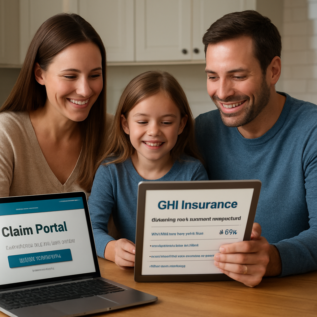 A photorealistic scene of a happy family sitting at a kitchen table reviewing a printed GHI Insurance satisfaction report on a tablet, with a laptop open to the company’s claim portal. Alt: GHI Insurance customer satisfaction scores visualized for mortgage protection insurance.