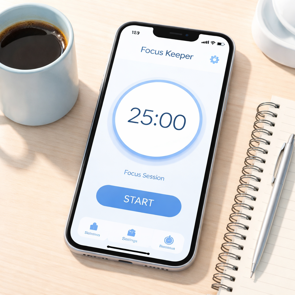 A bright, minimalistic smartphone screen showing the Focus Keeper timer in a calm blue theme, with a coffee mug and notebook beside it. Alt: Simple Pomodoro timer app interface for productivity.
