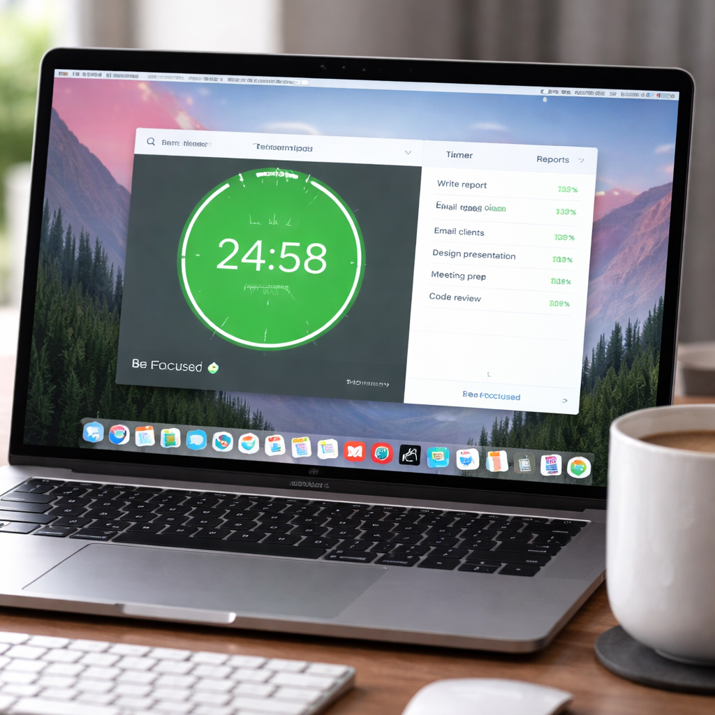 A sleek macOS desktop showing the Be Focused app window with a green pomodoro timer, task list on the side, and a coffee mug beside the keyboard. Alt: macOS pomodoro timer app Be Focused interface for focused work.