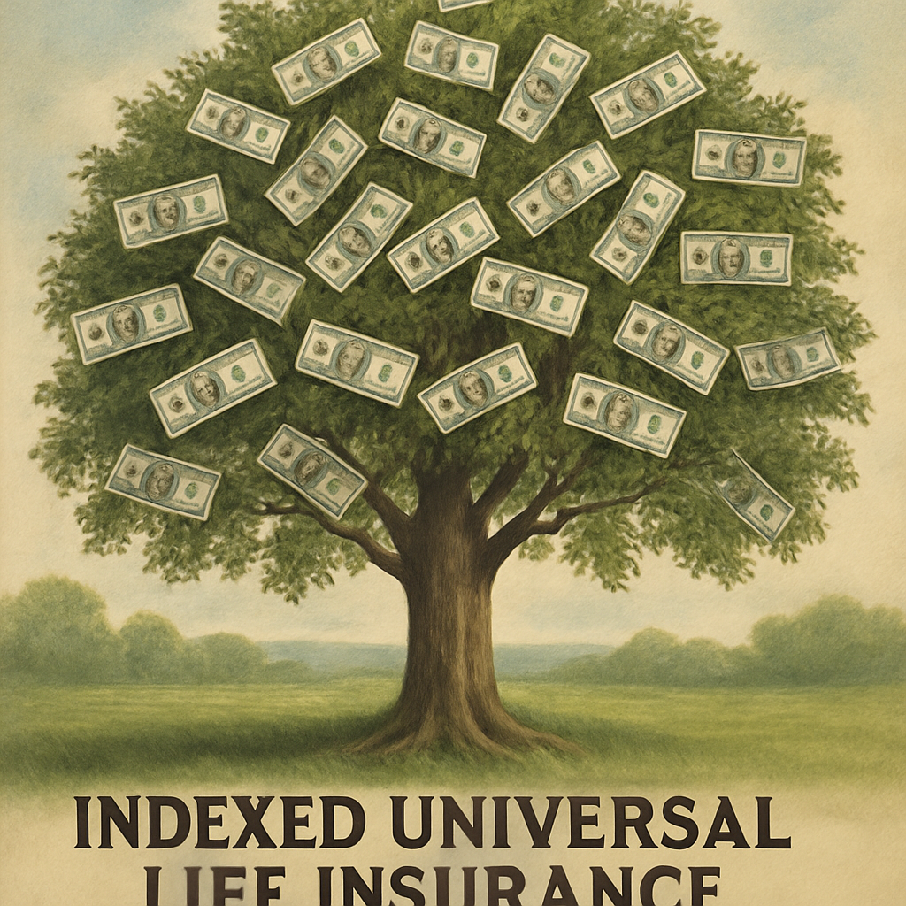 Illustration of a mature tree with money growing on its branches, symbolizing growth and protection of Indexed Universal Life insurance. Alt: Indexed Universal Life Insurance for supplemental retirement growth and financial protection.