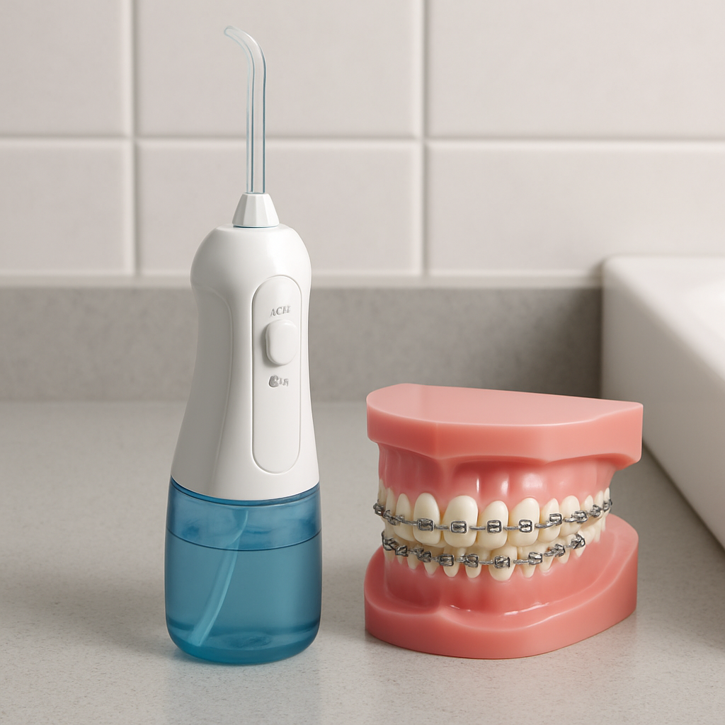 A budget water flosser with a soft orthodontic tip placed next to a set of metal braces on a bathroom countertop. Alt: budget water flosser for braces