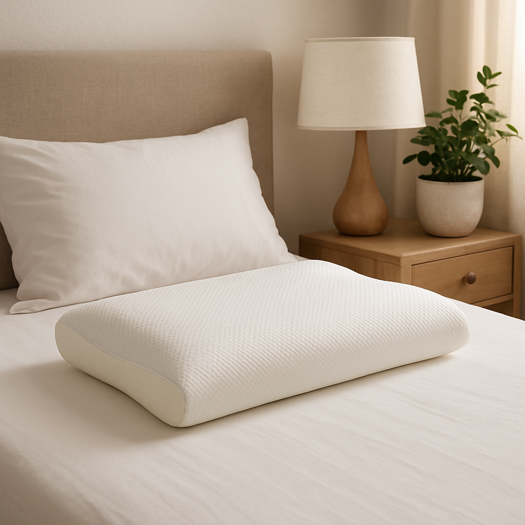 A cozy bedroom scene with a budget-friendly memory foam pillow on a simple white bed, showing the pillow’s contour and breathable cover. Alt: cheap memory foam pillow on a bed