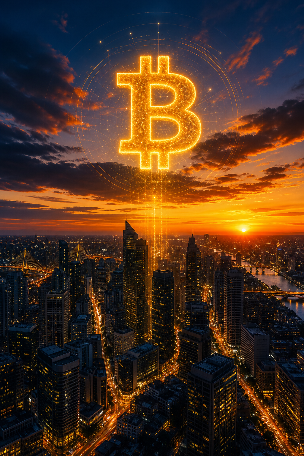 A cinematic scene of a glowing Bitcoin symbol hovering above a bustling city skyline at dusk, alt: Bitcoin digital gold
