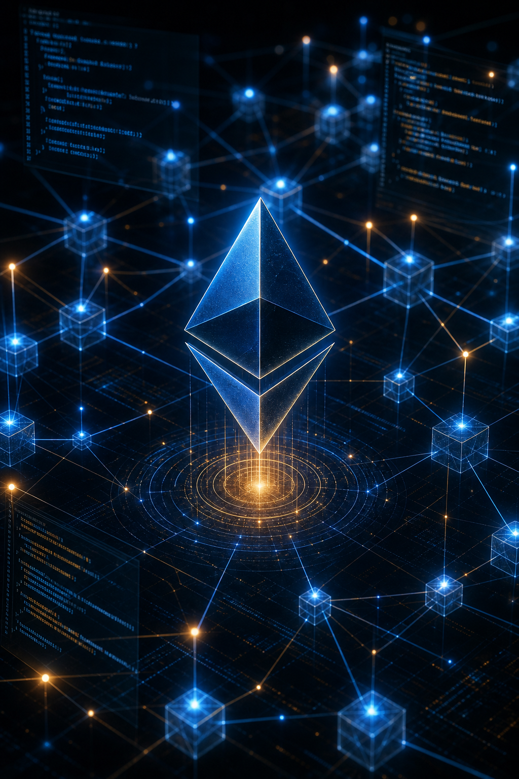 A cinematic illustration of Ethereum’s network diagram with glowing nodes and code snippets, alt: Ethereum blockchain visual