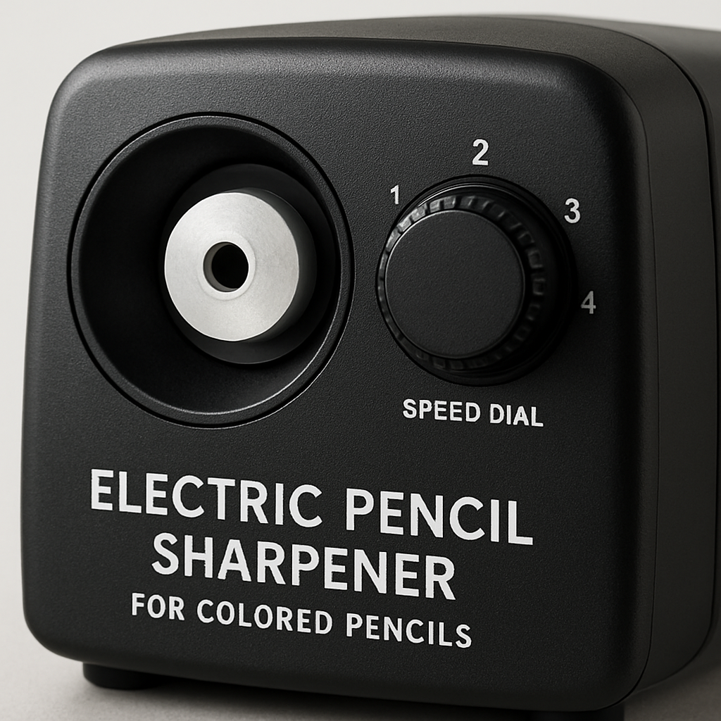 A high‑resolution close‑up of a professional‑grade electric pencil sharpener for colored pencils, showing the ceramic blade and adjustable speed dial. Alt: electric pencil sharpener for colored pencils professional grade.
