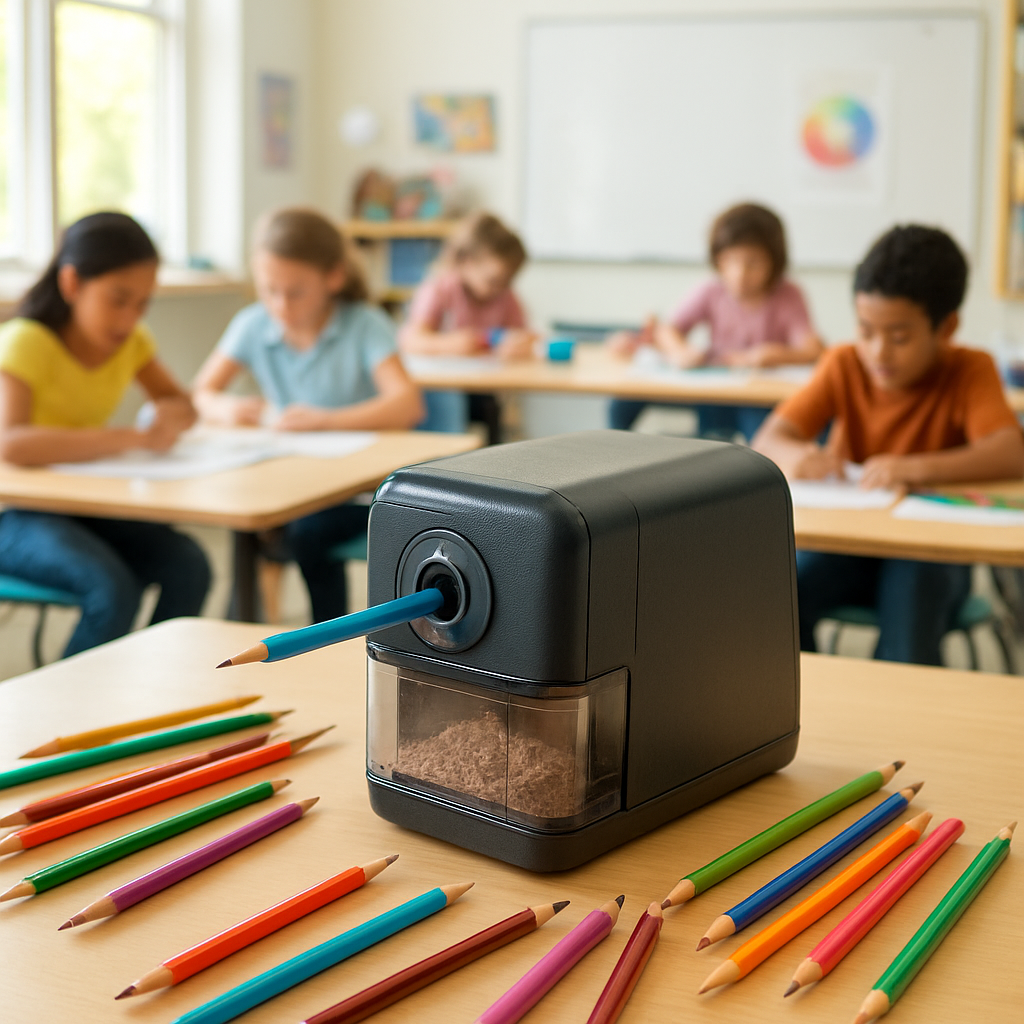 A bright, modern classroom with a heavy‑duty electric pencil sharpener on a teacher’s desk, surrounded by colorful pencils and students working at tables. Alt: classroom‑ready heavy‑duty electric pencil sharpener for colored pencils in a busy art class.