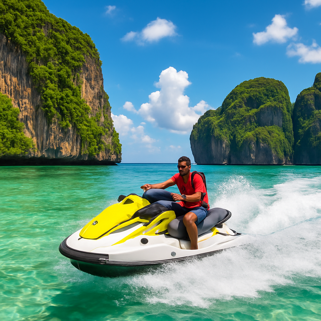 A vibrant scene of a jet ski speeding along Phuket’s emerald coastline, with crystal-clear waters and verdant cliffs in the background. Alt: Phuket jet ski tour with lunch exploring scenic coastal routes.