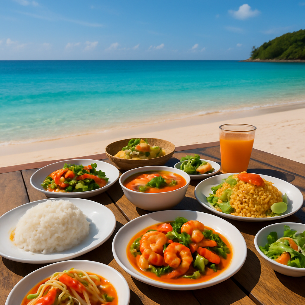 A bright, inviting beachside lunch setup with colorful Thai dishes laid out on a wooden table, framed by turquoise waters and a blue sky. Alt: Fresh local lunch on a Phuket jet ski tour with lunch on the beach, featuring Thai cuisine and ocean views.