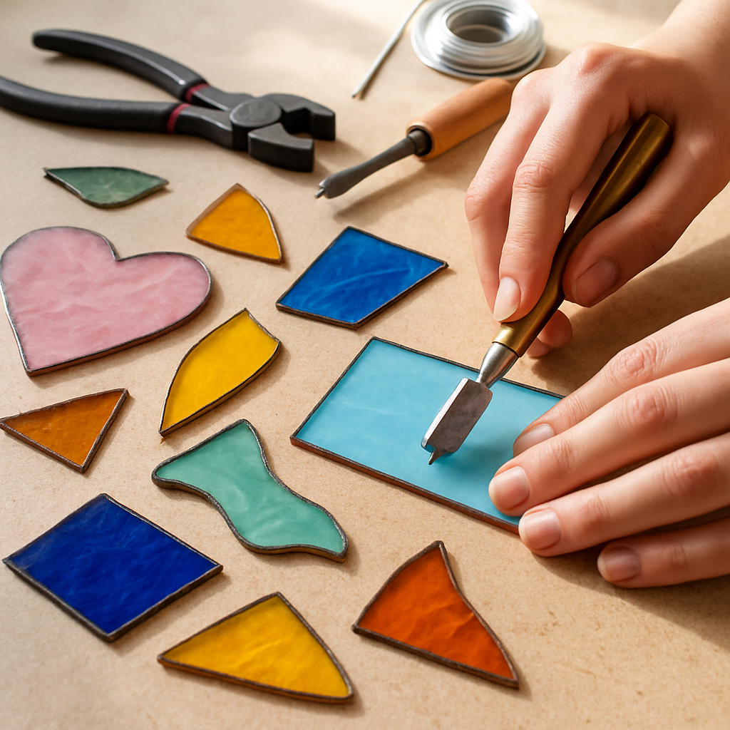 Close-up of delicate stained glass pieces arranged in a bright workspace with hands carefully cutting glass. Alt: Beginner-friendly stained glass class materials and tools in use, showcasing colorful glass pieces and tools for online stained glass classes.