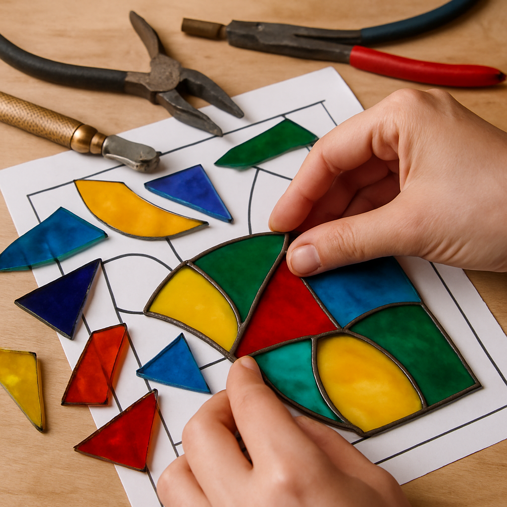Close-up of hands piecing together colorful stained glass panels in a beginner’s home crafting setup with tools and pattern sheets visible. Alt: Hands assembling a beginner stained glass project with colorful glass pieces and tools.