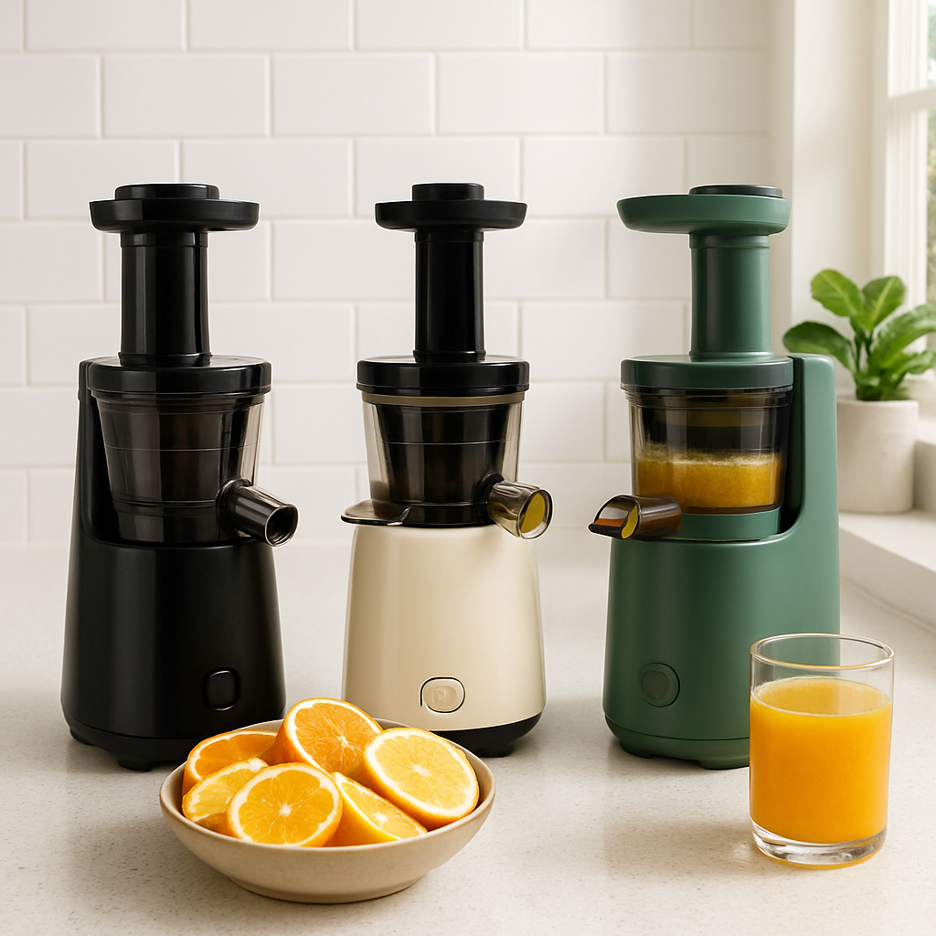 A bright kitchen countertop with three affordable slow juicers next to a bowl of sliced oranges, lemons, and a glass of freshly pressed citrus juice. Alt: affordable slow juicer citrus juice setup