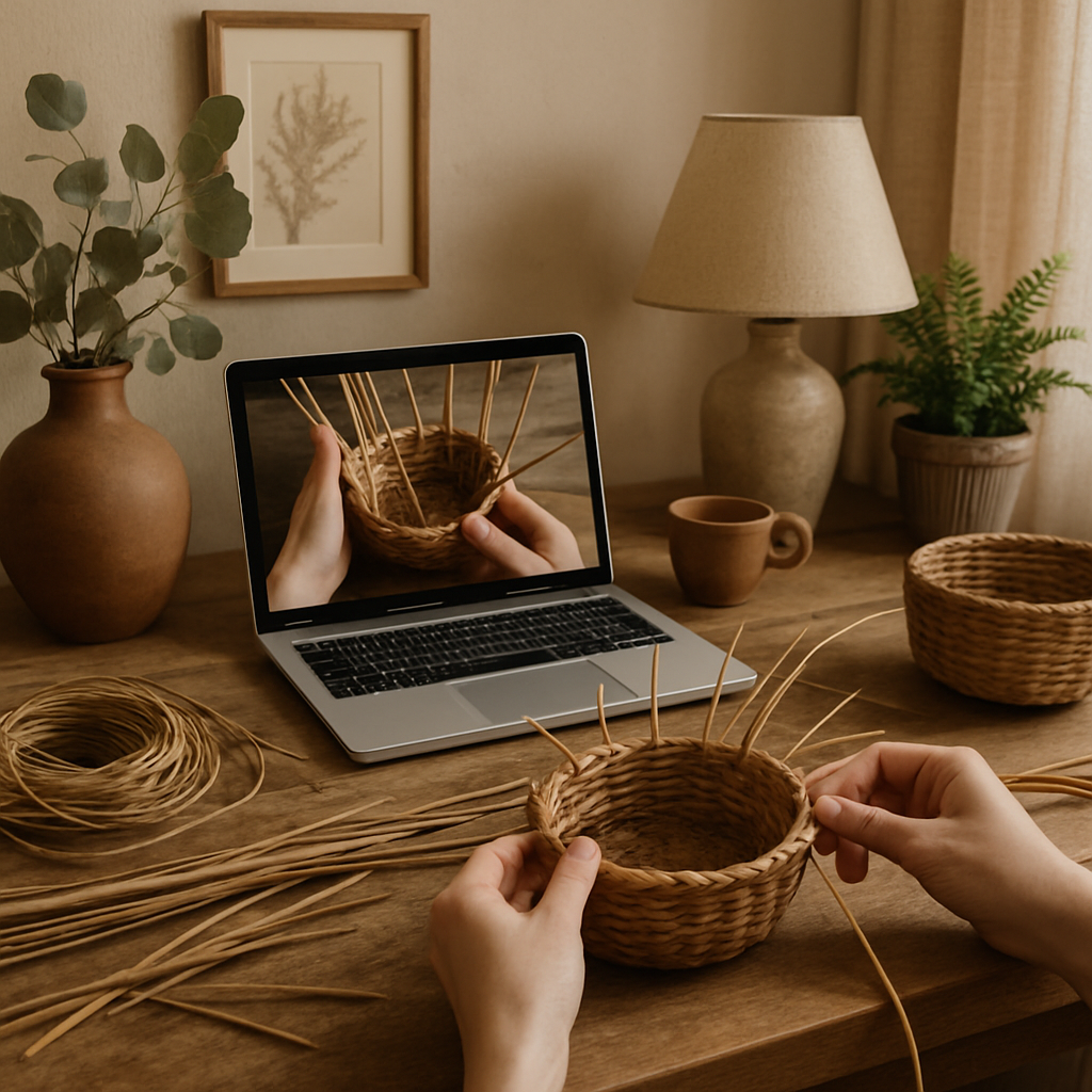 A cozy home workspace with natural materials and a rustic basket in progress. Alt: Basket weaving classes online with hands working on rustic basket with natural fibers.