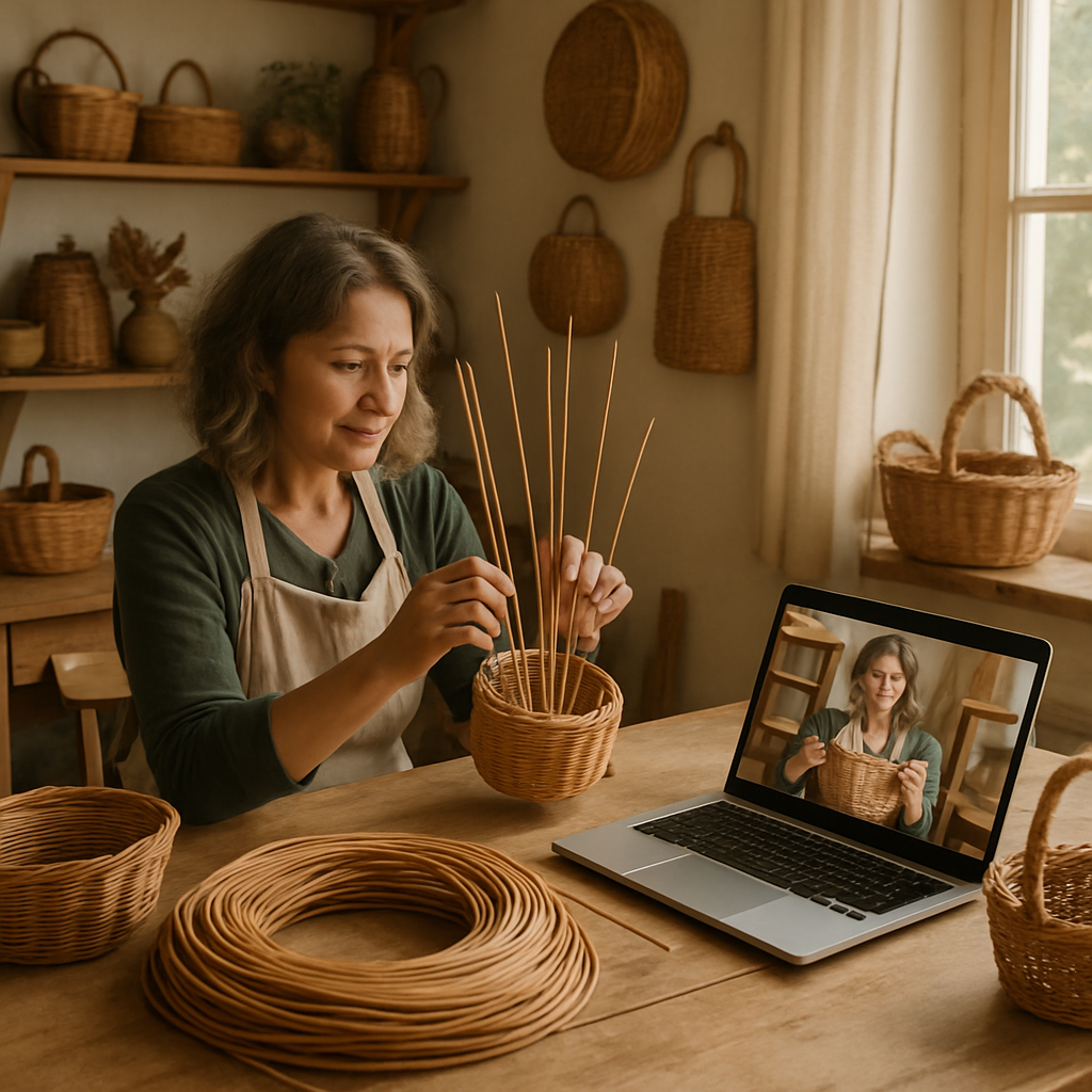A cozy craft studio with an artisan demonstrating basket weaving to an online class. Alt: Basket weaving class online showcasing artisan-led learning and handcrafted techniques.