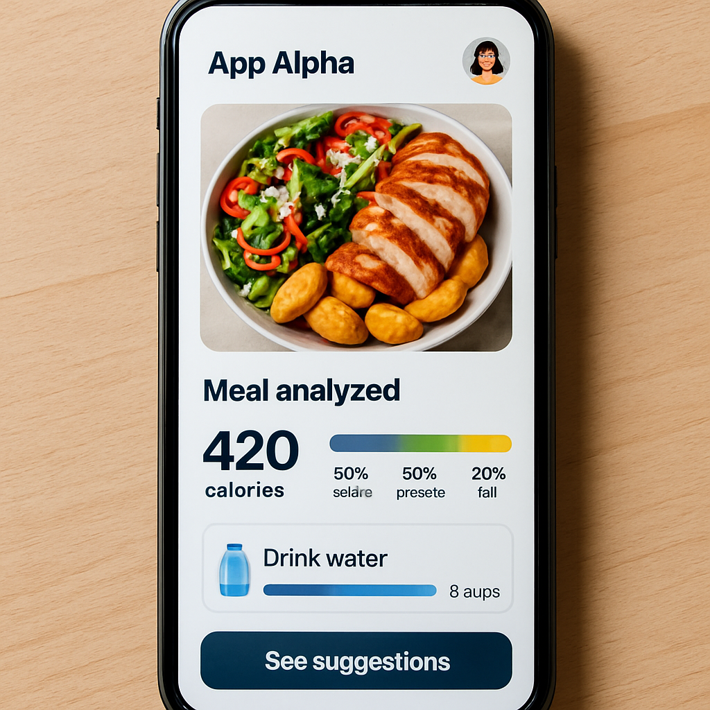 A high‑resolution photo of a smartphone displaying the App Alpha interface, with a vibrant meal photo being analyzed, showing calorie breakdown and water reminder. Alt: App Alpha photo‑based calorie tracker interface showing meal analysis and hydration reminder.