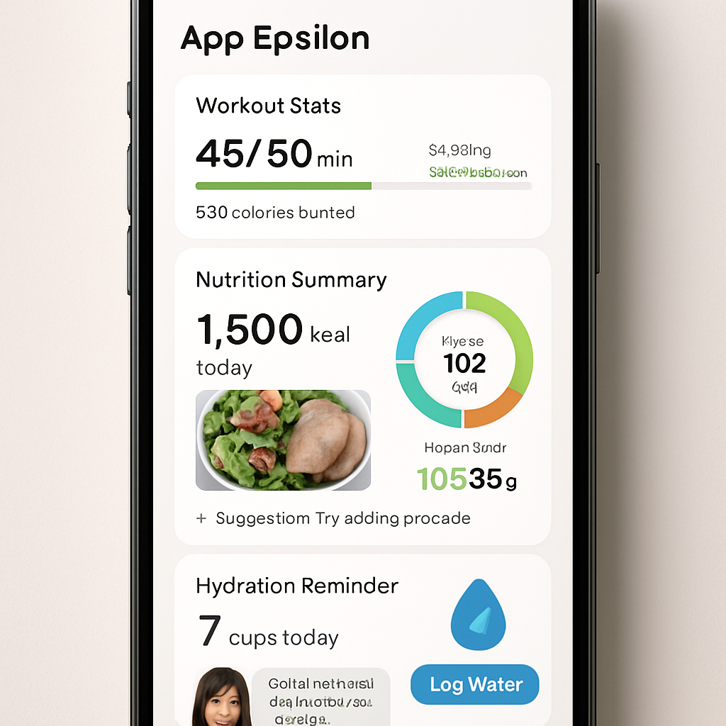 A sleek smartphone screen displaying App Epsilon’s unified dashboard with workout stats, nutrition summary, and hydration reminder. Alt: Seamless fitness integration app dashboard showing real-time sync of workouts and nutrition.
