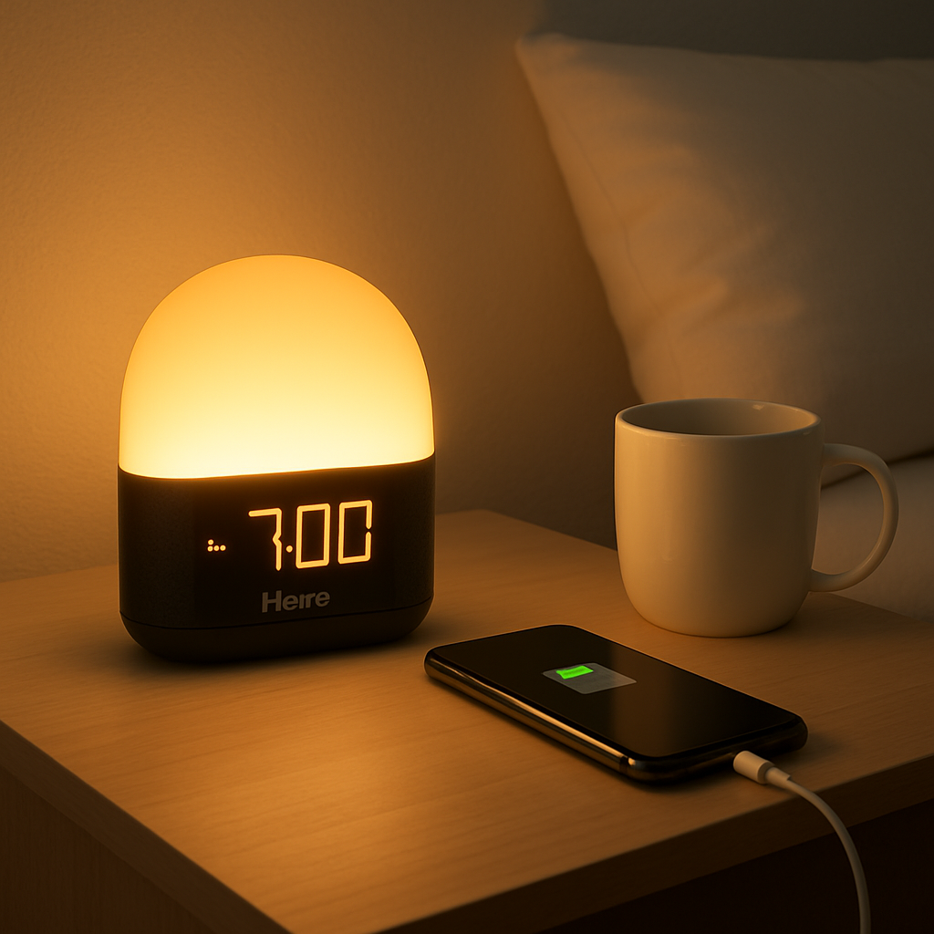 A minimalist nightstand with the iHome iAVS16 sunrise alarm casting a warm glow, a phone charging nearby, and a coffee mug. Alt: iHome iAVS16 compact sunrise alarm clock on bedside table.