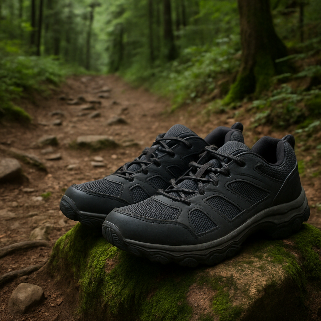 A rugged forest trail with a pair of budget hiking shoes perched on a mossy rock. Alt: cheap hiking shoes on a forest trail, showing grip and breathable mesh.