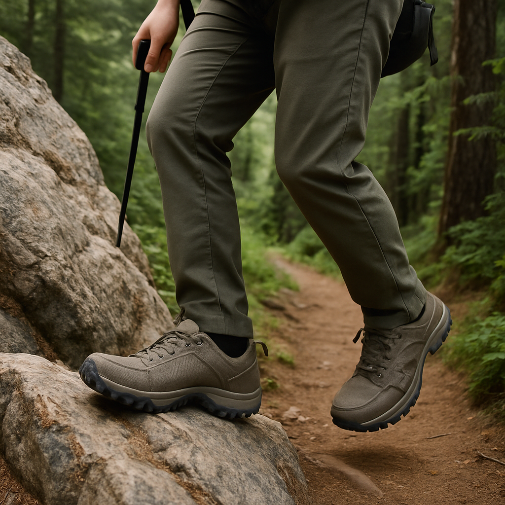 A hiker stepping from a rocky ridge onto a forested trail, showing versatile cheap hiking shoes in action. Alt: cheap hiking shoes for mixed terrain, versatile grip and comfort