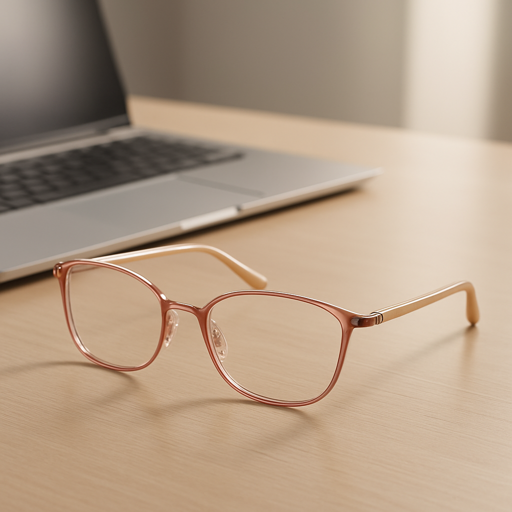 A stylish, lightweight pair of women's computer reading glasses on a modern desk with a laptop, soft natural lighting. Alt: computer reading glasses for women lightweight frames