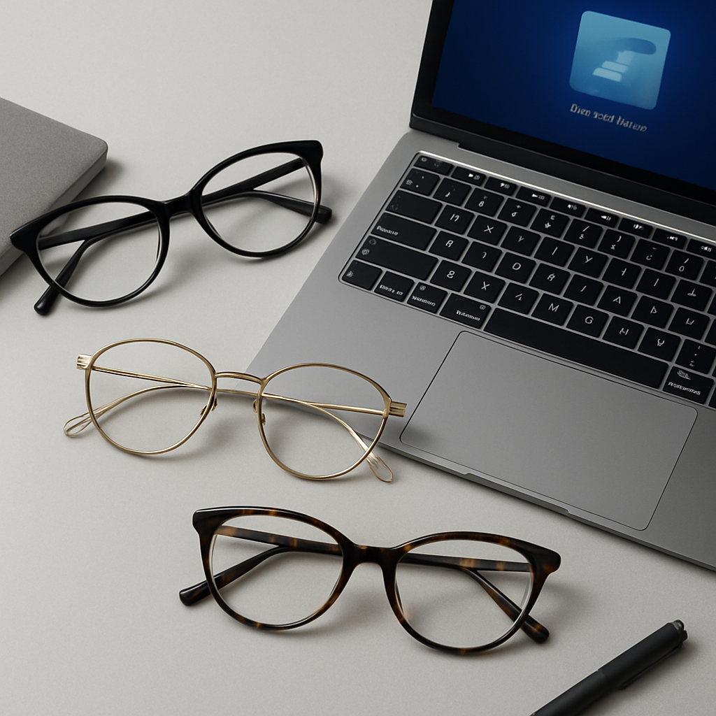 A stylish flatlay of premium designer computer reading glasses for women on a sleek desk, showing a mix of metal, acetate, and cat‑eye frames with a laptop screen displaying a blue‑light filter demo. Alt: Premium designer computer reading glasses for women on a modern workspace.