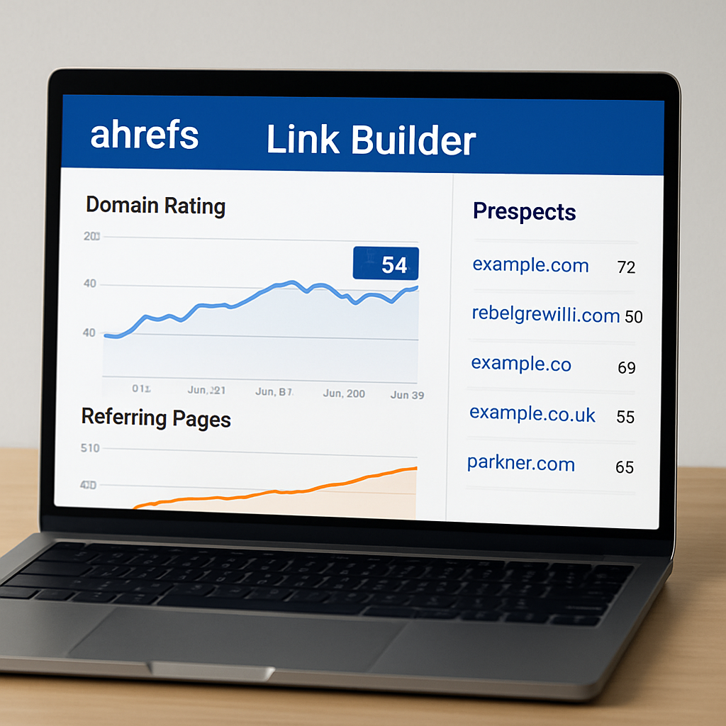 A sleek laptop screen displaying Ahrefs’ Link Builder interface, with graphs and a list of prospect sites. Alt: Ahrefs Link Builder dashboard showing backlink opportunities for SEO professionals.
