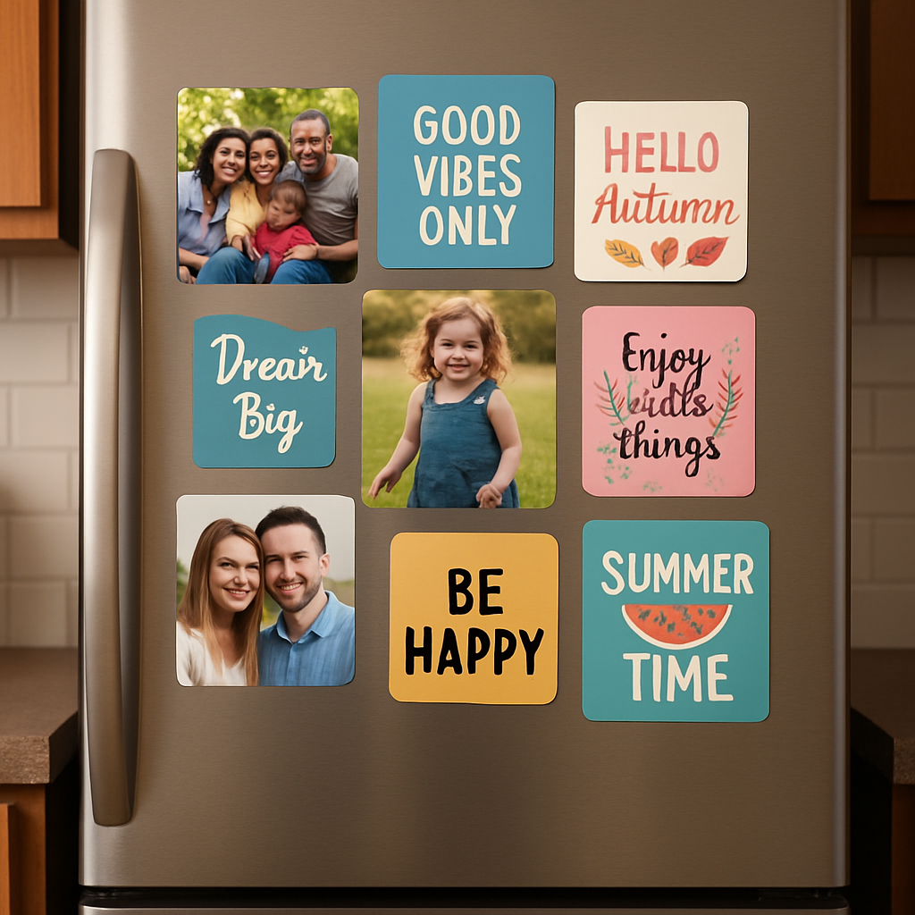 A cozy kitchen refrigerator door displaying various colorful customizable magnets including family photos, motivational quotes, and seasonal designs. Alt: Customizable magnets for refrigerator doors creating a personalized gallery space.