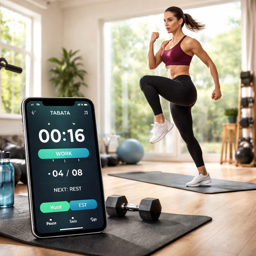 A dynamic AI‑generated scene of a person doing high‑intensity interval training in a bright home gym, with a smartphone displaying a Tabata timer on the screen. Alt: Tabata timer for HIIT workouts, best interval timer app.