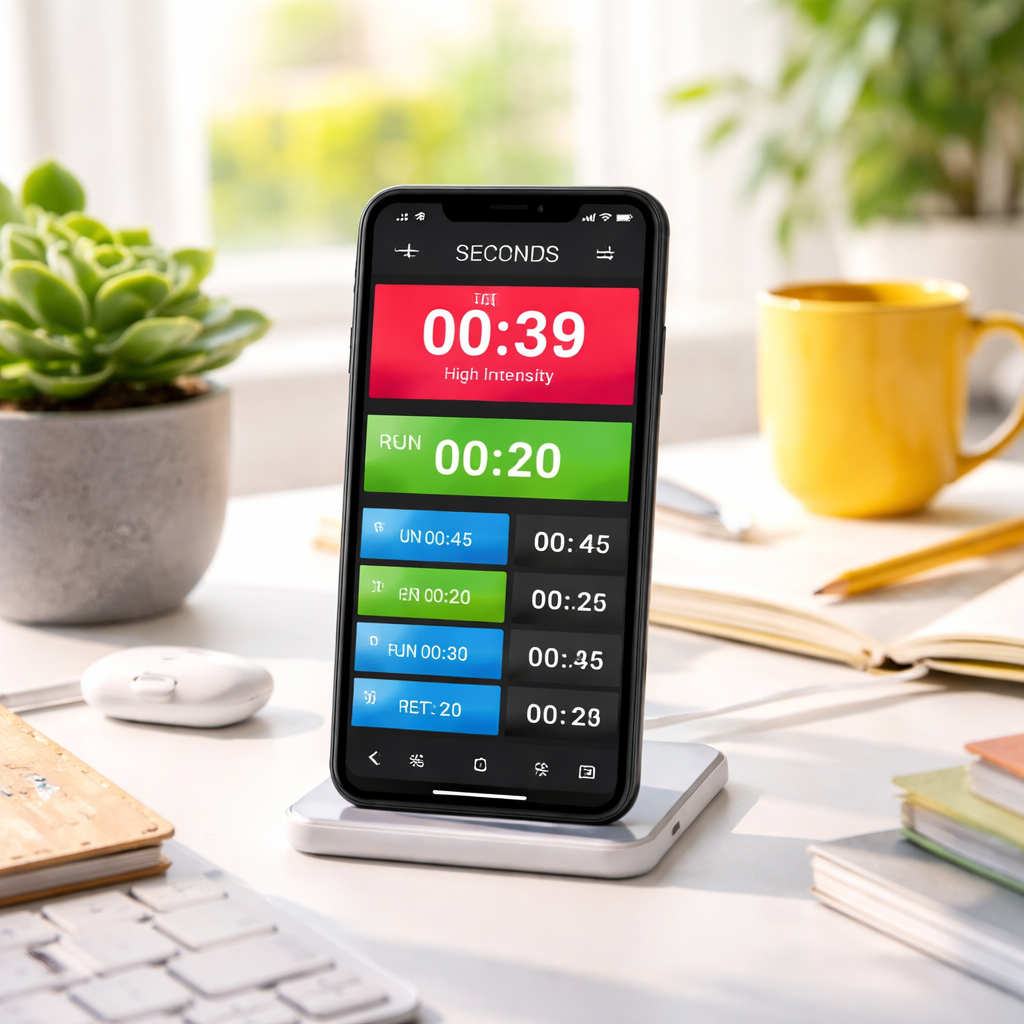 A bright home office desk with a phone displaying Seconds Interval Timer, showing colourful interval bars. Alt: Seconds interval timer app versatile customizable interface.
