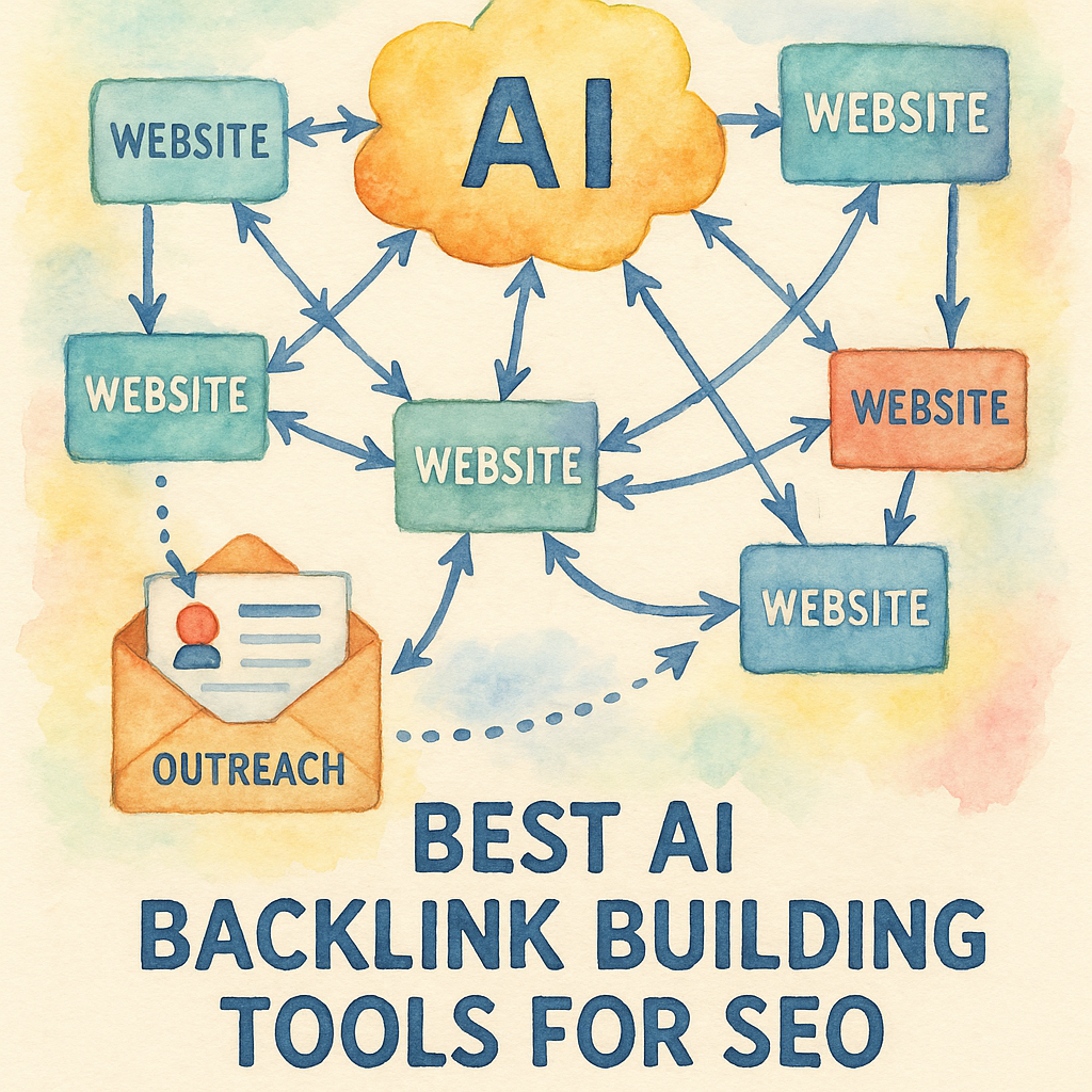 AI-powered backlink network visualization showing connections between websites and automated outreach in action. Alt: Best AI backlink building tools for SEO visualization demonstrating link network automation.