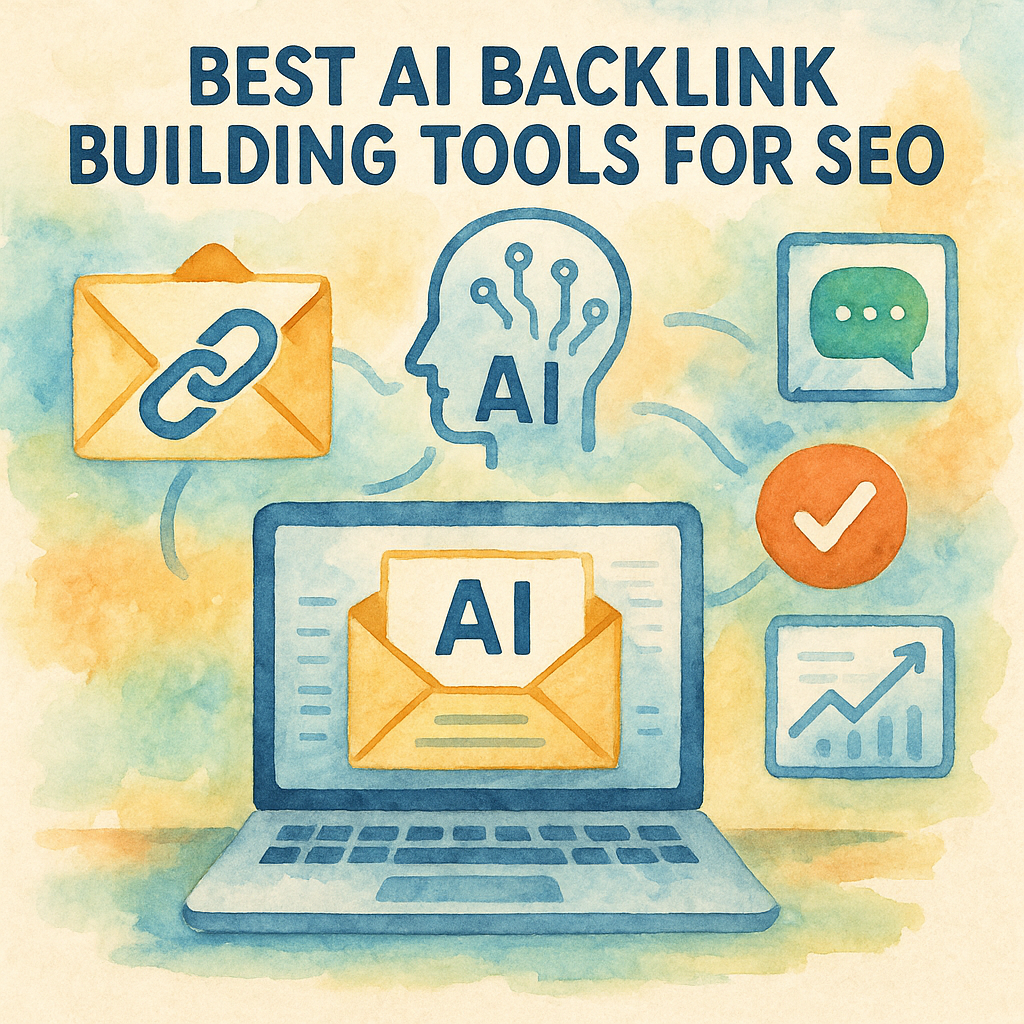 Illustration showing AI automation sending personalized backlink outreach emails and tracking responses. Alt: Best AI backlink building tools for SEO automate outreach and link acquisition.