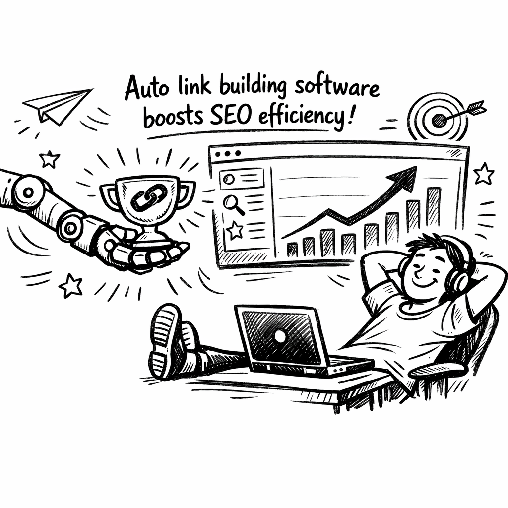 A Doodle illustration of a robot arm handing a glowing backlink trophy to a relaxed marketer sitting at a laptop, with a dashboard screen showing rising traffic charts in the background. Alt: Auto link building software boosts SEO efficiency.