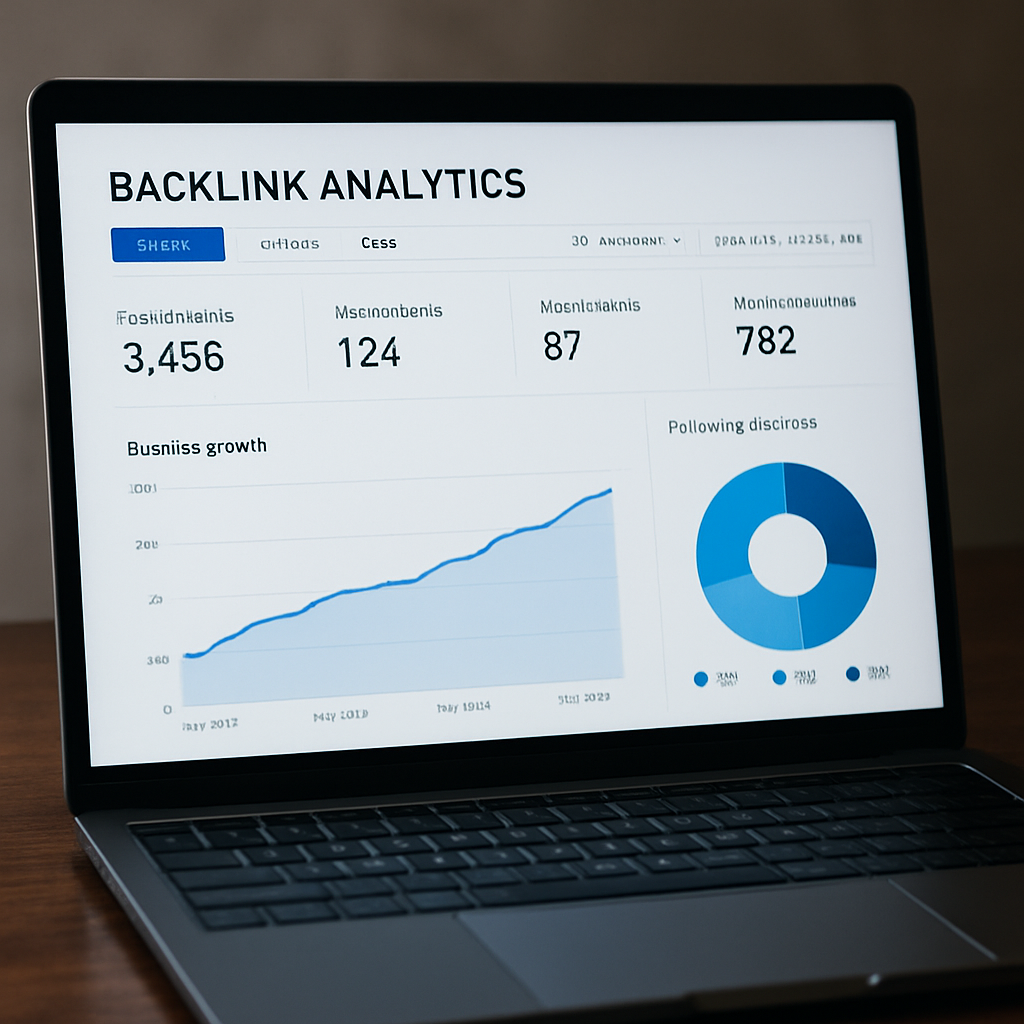 A sleek laptop screen displaying a backlink analytics dashboard with charts and graphs. Alt: automated link building software analytics dashboard showing backlink growth