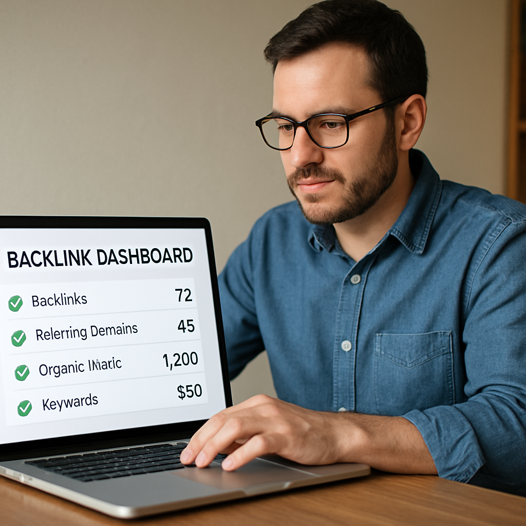 An illustration of a small business owner looking at a laptop screen with a simple backlink dashboard, showing green checkmarks and modest traffic numbers. Alt: Budget‑friendly automated link building software dashboard showing affordable SEO results