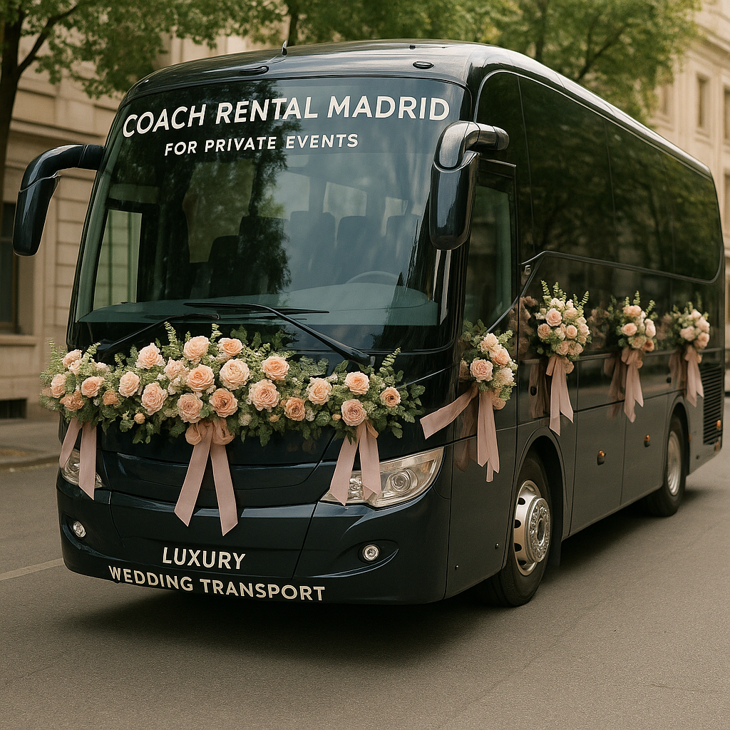 Coach Rental Madrid for Private Events A luxury coach decorated with flowers and ribbons for a wedding event. Alt: Coach rental Madrid for private events luxury wedding transport.