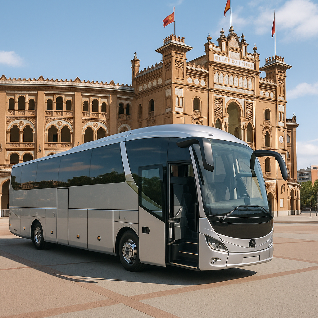Coach Rental Madrid for Private Events Modern luxury coach parked with open doors in front of a historic Madrid venue. Alt: Coach rental Madrid for private events luxury group transport.