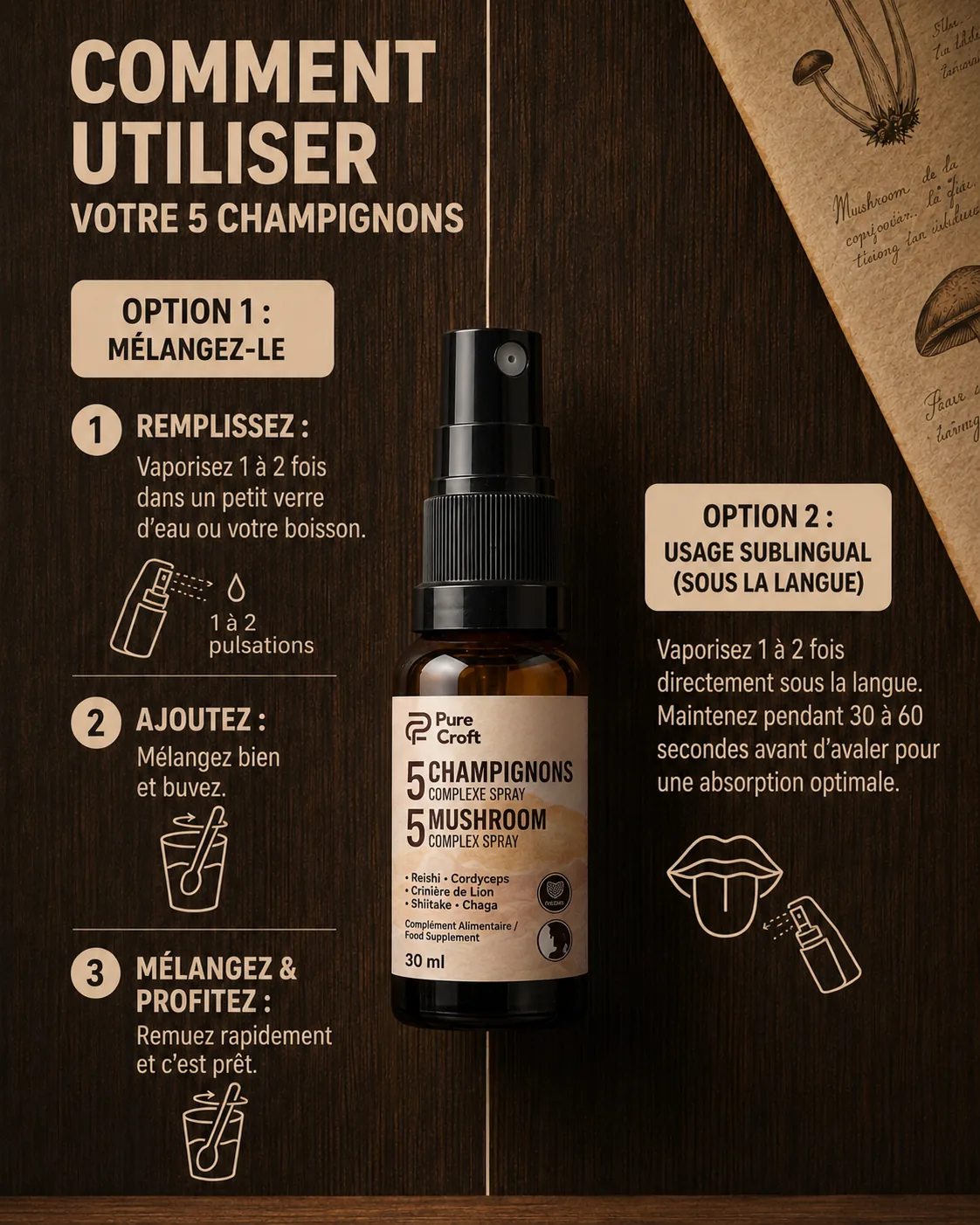 Spray sublingual et champignons fonctionnels pour routine matinale