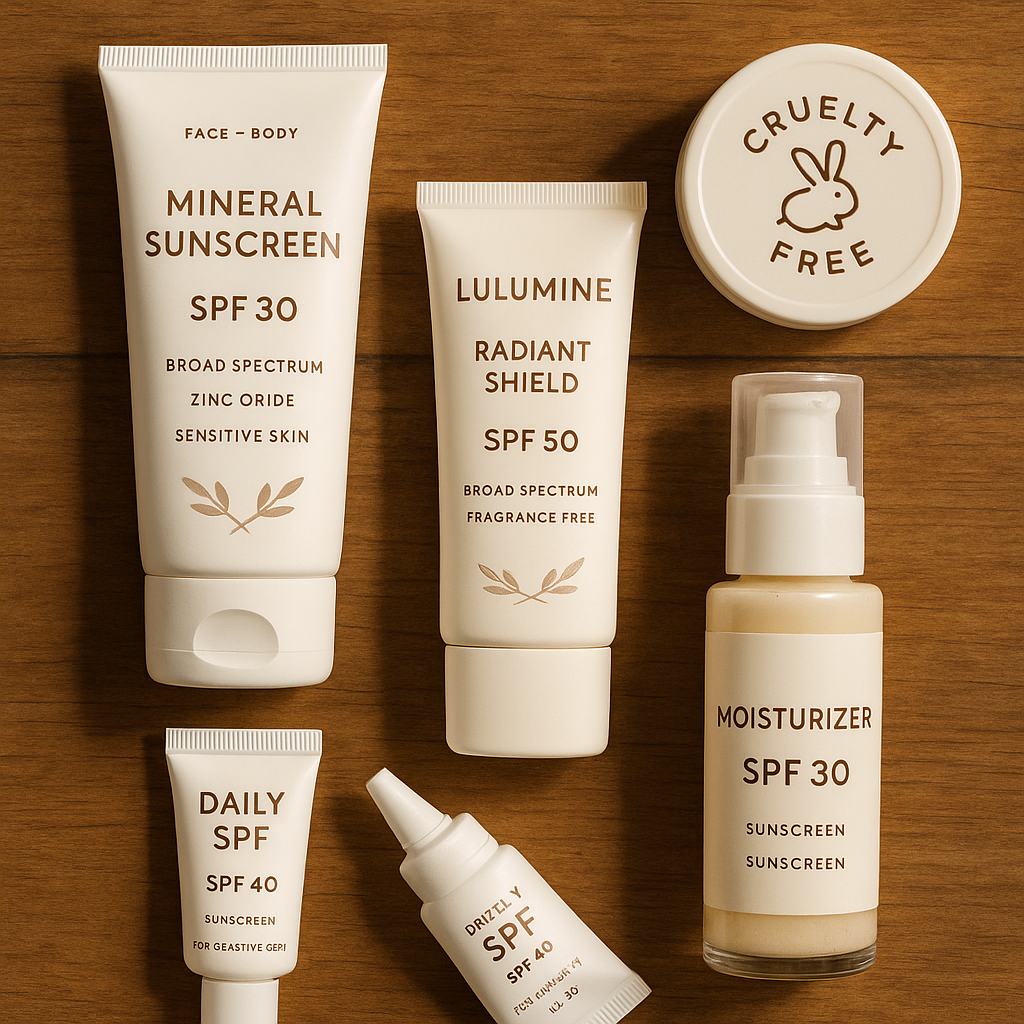 A flat lay of cruelty free SPF skincare products on a wooden table, including LULUMINE Radiant Shield SPF 50. Alt: cruelty free SPF options for sensitive skin arranged aesthetically.