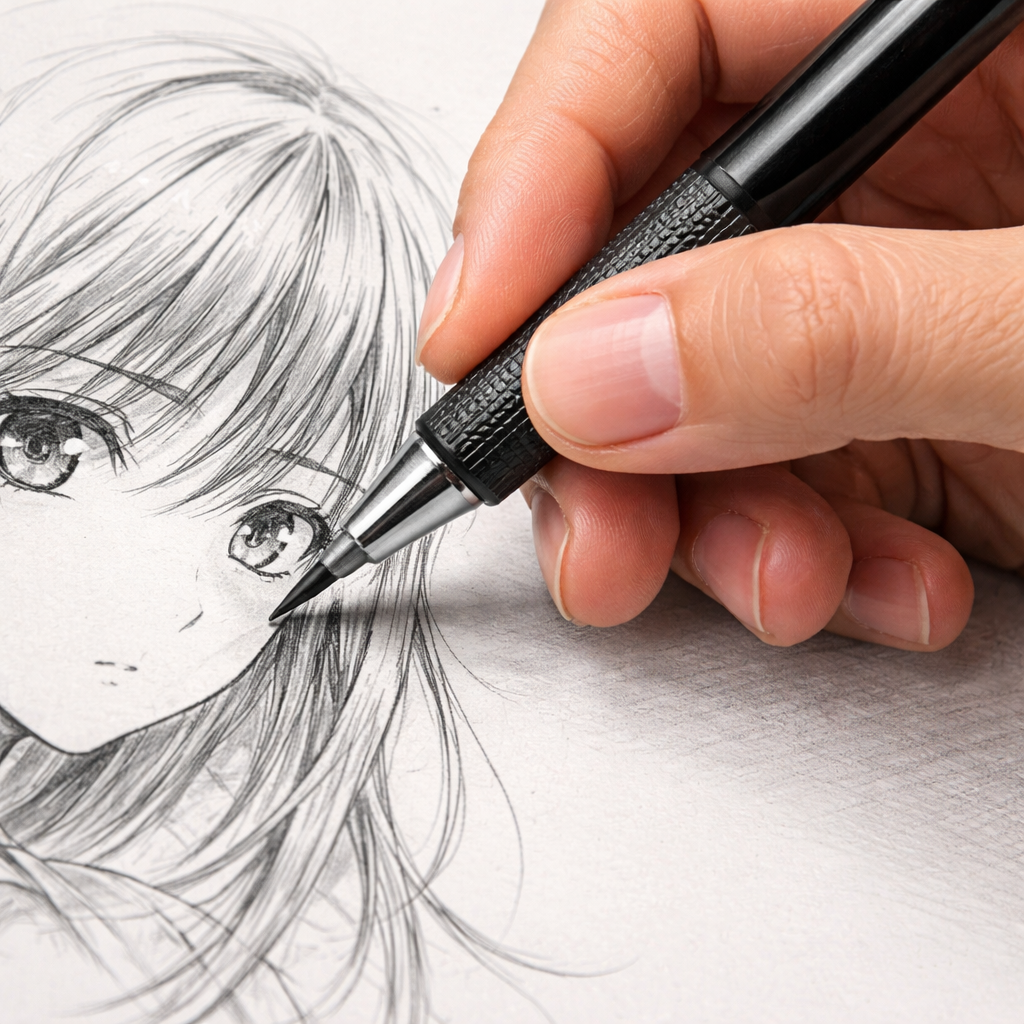 A realistic sketch of a manga artist's hand holding a fine drawing pencil, focusing on the tip and shading line. Alt: manga drawing pencil detail.