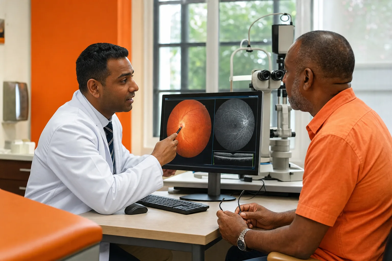 Eye doctor explaining exam results and retinal scans to a patient