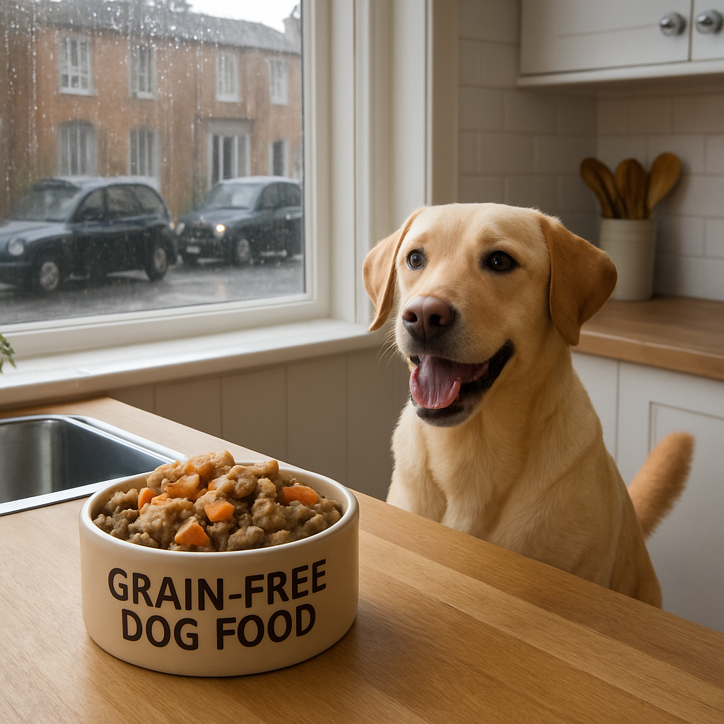 A photorealistic kitchen scene on a rainy British afternoon, a bowl of grain‑free dog food with chicken and sweet potato beside a loyal Labrador wagging its tail. Alt: grain free dog food uk bowl with happy dog in a UK home.