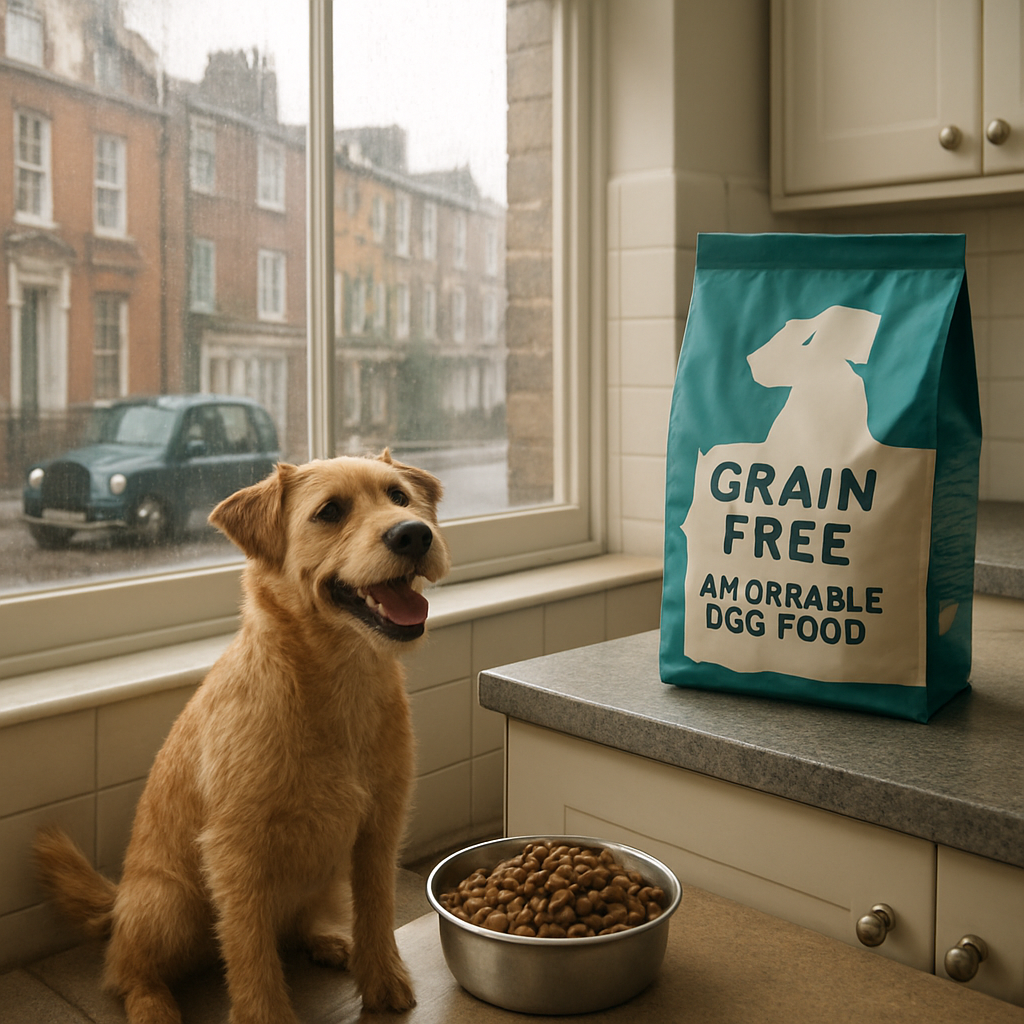 A photorealistic kitchen scene on a rainy British morning, a happy terrier wagging its tail beside a bowl of grain free dog food uk kibble, a bag of affordable dog food visible on the countertop, soft natural lighting, Realism style. Alt: grain free dog food uk affordable bowl in a UK kitchen.
