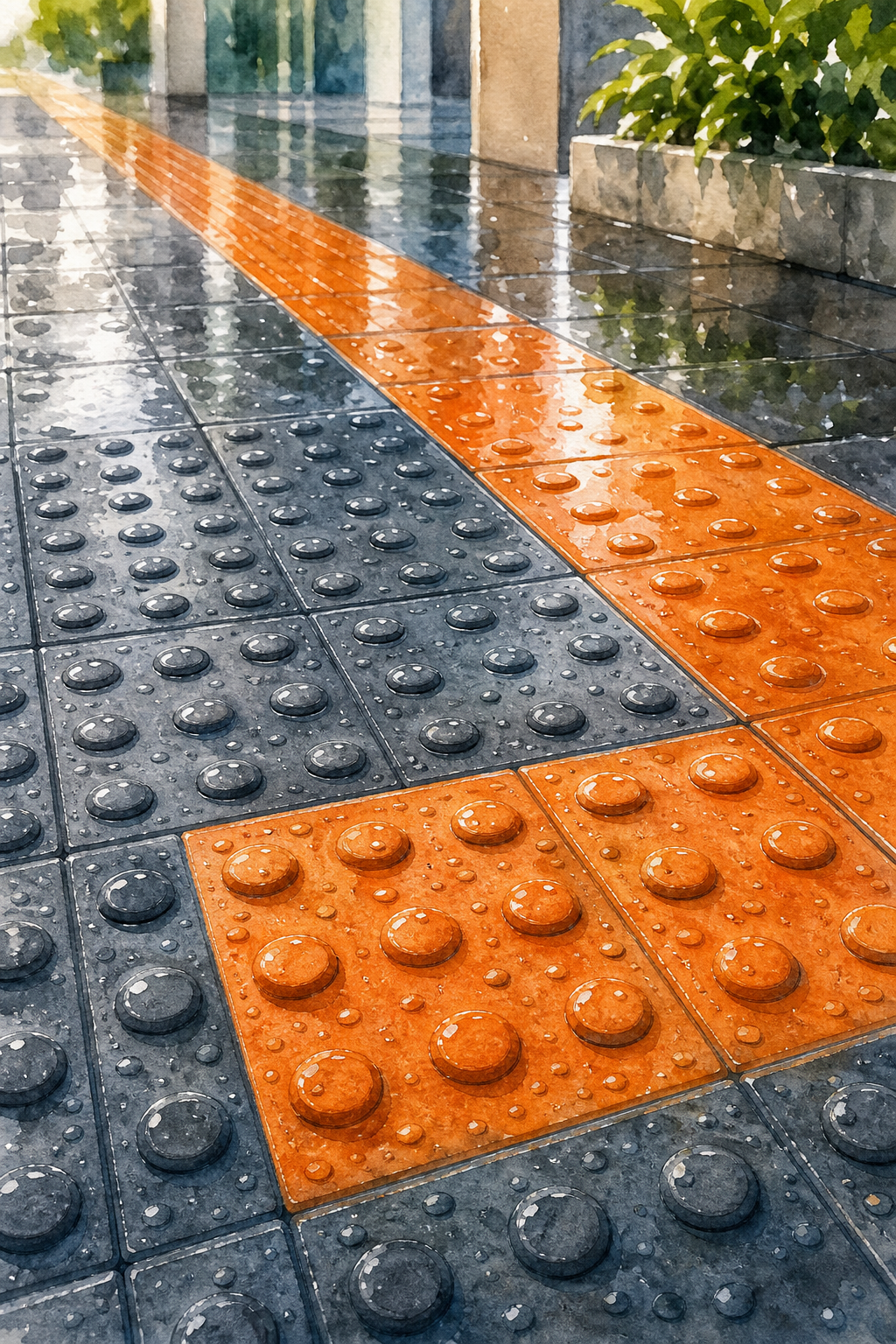 A watercolor illustration of rubber tactile floor tiles with water droplets, showing how the tiles look in a humid environment. Alt: losetas podotáctiles en ambientes húmedos