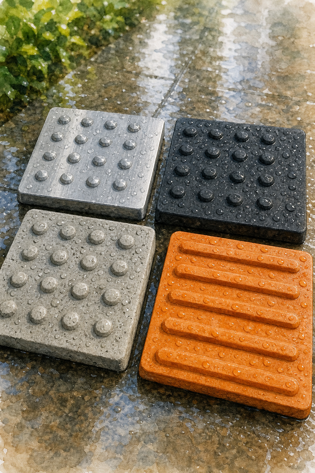 A watercolor scene showing four tactile signage materials, aluminum, rubber, concrete, and synthetic clay, each exposed to water droplets, highlighting their durability. Alt: materiales de señalética táctil en ambientes húmedos