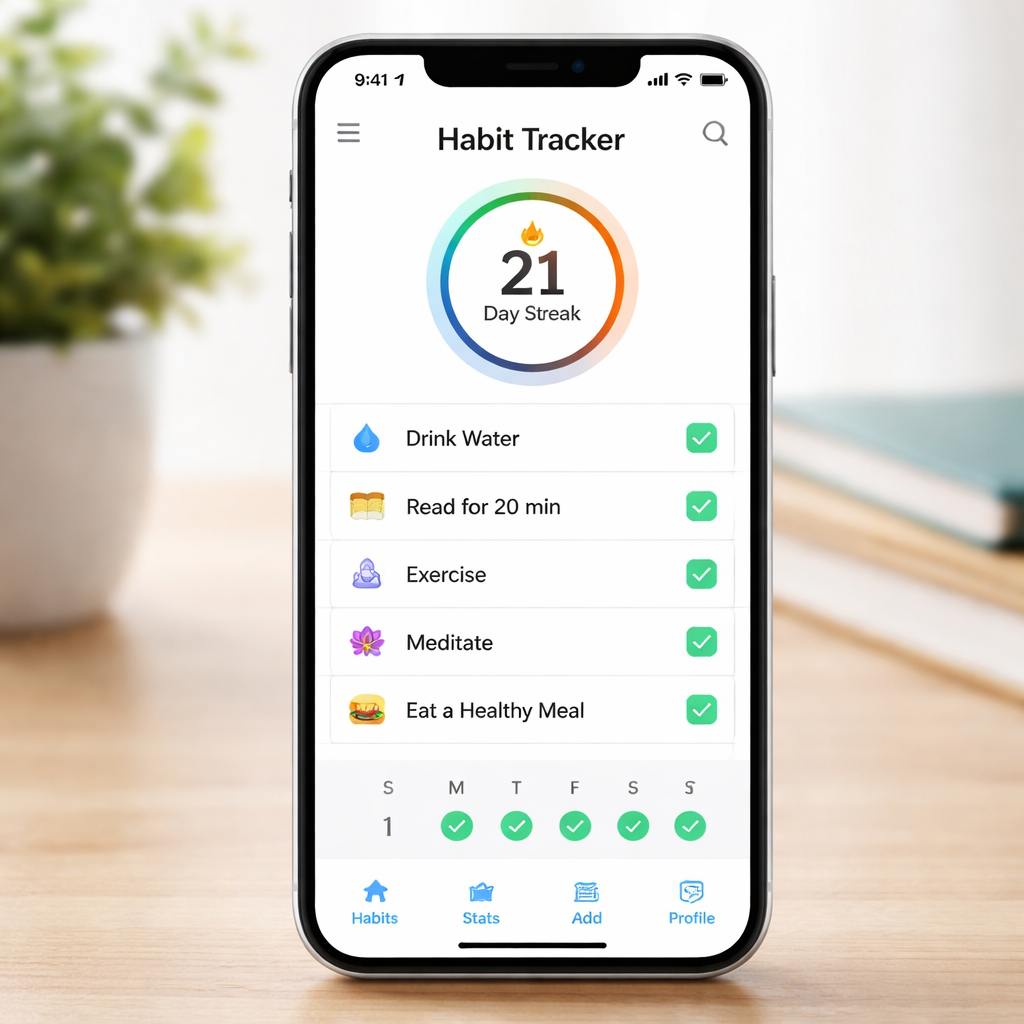A clean smartphone screen showing a habit tracker app with checkmarks and a streak counter. Alt: Simple free habit tracker app interface with daily check‑offs and streak visualization.
