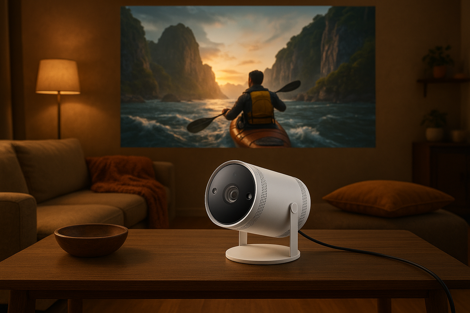 A sleek Samsung Freestyle mini projector setup in a cozy home cinema room. Alt: Mini projector for home cinema Samsung Freestyle presenting a vivid movie on a wall.