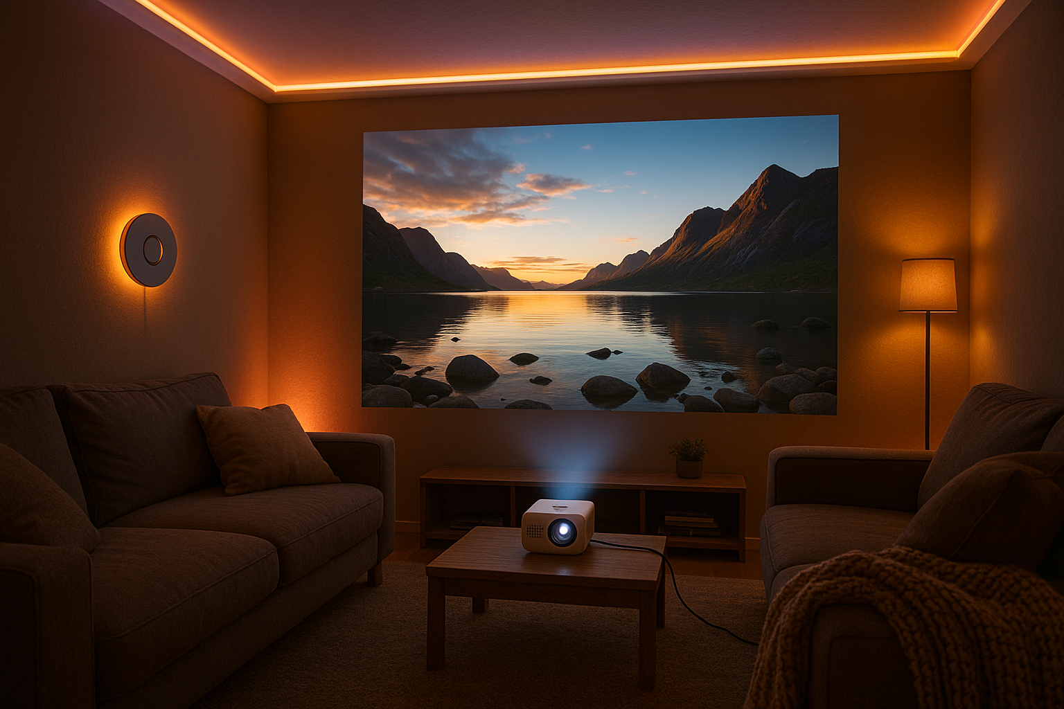 Cozy home cinema room featuring ambient lighting control and a mini projector casting a bright image. Alt: Mini projector for home cinema setup with ambient light control.