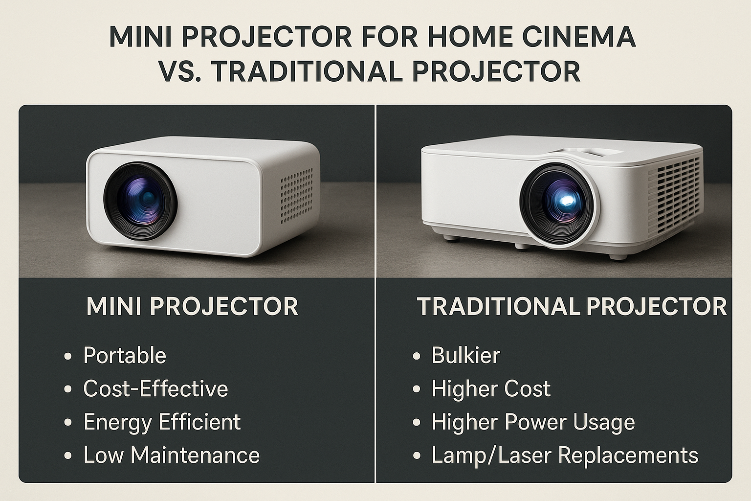 Comparison chart illustrating mini projector benefits versus traditional lamp and laser projectors. Alt: Mini projector for home cinema vs traditional projector feature comparison.