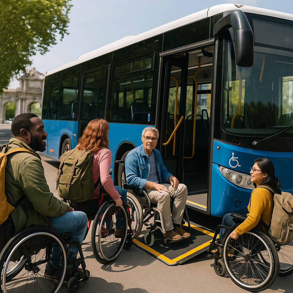 Accessible Bus Hire for Reduced Mobility in Madrid A group of diverse travelers with wheelchairs boarding an accessible bus in Madrid, highlighting comfort and inclusivity. Alt: Accessible bus hire for reduced mobility Madrid providing safe boarding experience.